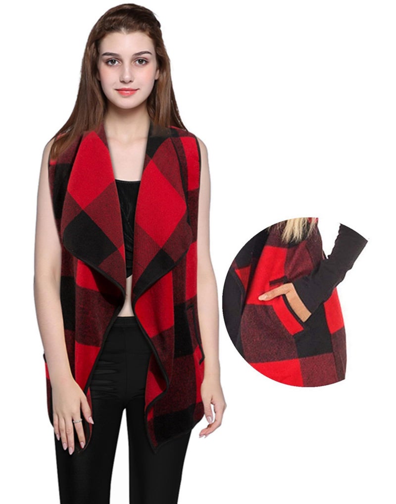 Mannice Womens Casual Lapel Open Front Plaid Vest Cardigan Coat with Pockets Sleeveless Fashion Buffalo Plaid Outerwear Vests Plus Size Vintage Fall Cardigan Vest Shacket (Red, XL) - Image 4